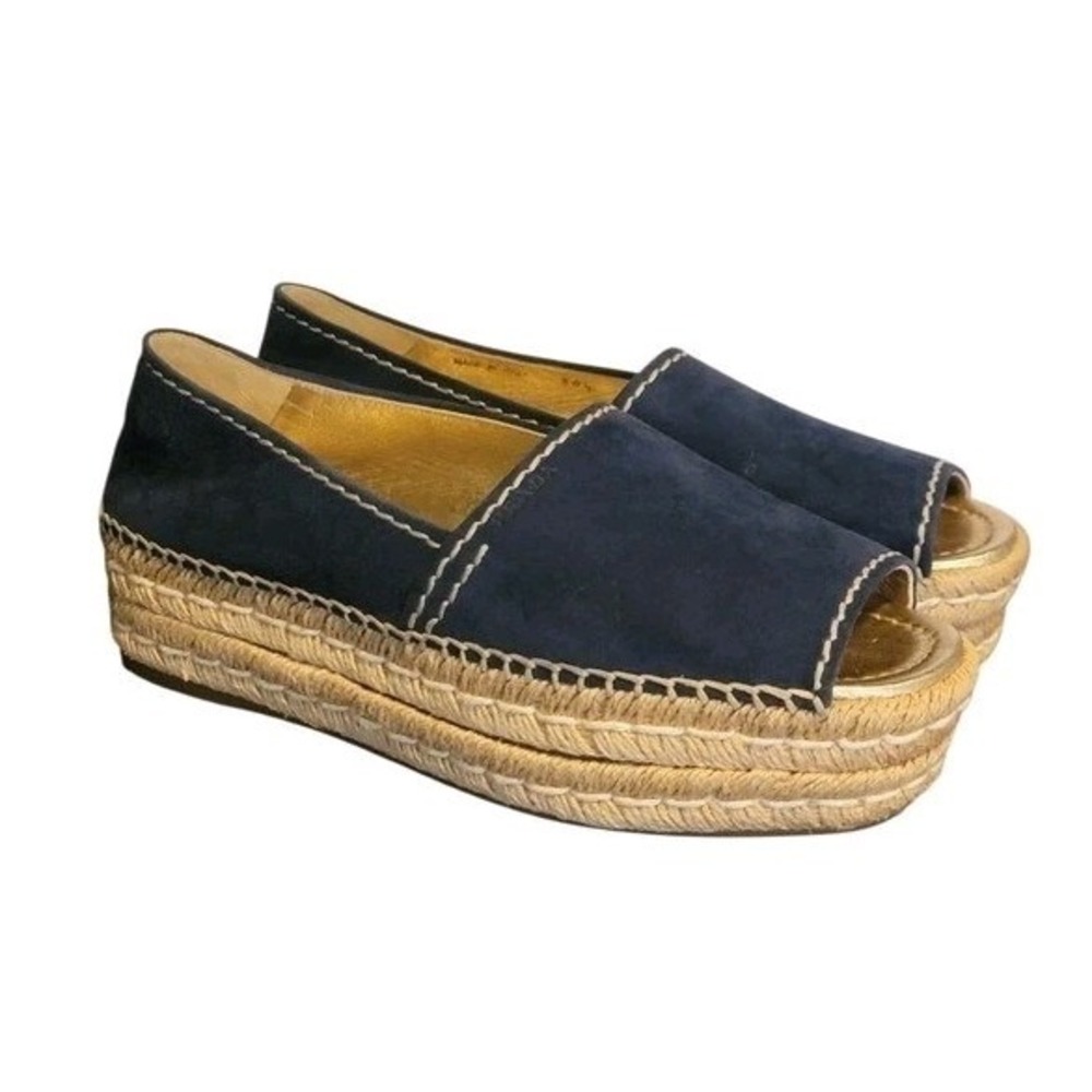 PRADA Milano Peep Toe Platform Espadrille Navy Blue Suede Size 38.5 US 8.5